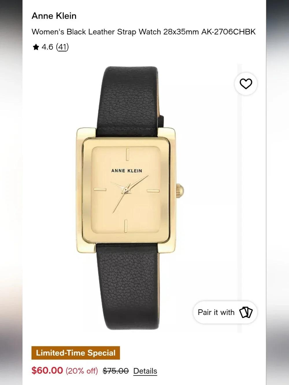 Anne Klein Women's Black Leather Strap Gold-Tone Rectangular Watch